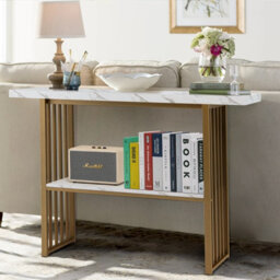 Costway 2-Tier Console Table White Faux Marble Sofa Table Modern Entryway Hallway Narrow Table - thumbnail 4