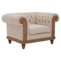 Orsina Cream Chesterfield Armchair, Tufted Fabric Statement Chair With Mahogany Wood Frame, Vintage Style Seating - thumbnail 6