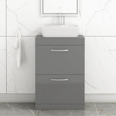 Royal Bathrooms 600mm Floor Standing Vanity Unit 2 Drawer Indigo Grey Gloss & Countertop Basin - Cube - image 1