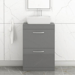 Royal Bathrooms 600mm Floor Standing Vanity Unit 2 Drawer Indigo Grey Gloss & Countertop Basin - Cube - thumbnail 1