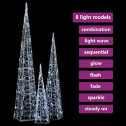 Berkfield Acrylic Decorative Led Light Cone Set Cold White 60/90/120Cm - thumbnail 8