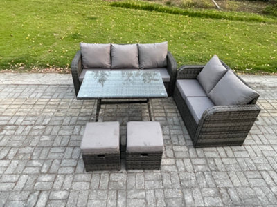 Fimous High Back Pe Rattan Sofa Set Outdoor Garden Furniture Dining Table Set Love Sofa 3 Seater Sofa 2 Small Footstool - image 1