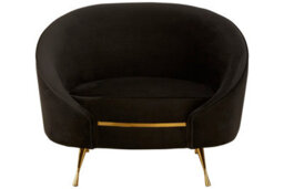 Orsina Black Velvet Armchair With Gold Finish Stainless Steel Legs, Luxe Curved Barrel Design Accent Chair