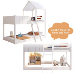 Btm Wooden Bunk Bed Loft Bed Ladder Guard Rail Mid-Sleeper Cabin Bed 3Ft Treehouse Canopy Space-Saving Kids White 90X190 Cm - thumbnail 3