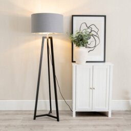 Valuelights Lottie Black Wood Tripod Floor Lamp With Grey/chrome Drum Shade - Led Bulb Included