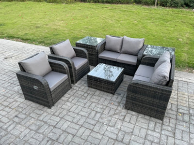 Fimous 6 Seater Rattan Sofa Set Outdoor Garden Furniture Set With Square Coffee Table Loveseat Sofa 2 Side Tables Dark Grey Mixed - image 1