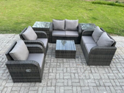 Fimous 6 Seater Rattan Sofa Set Outdoor Garden Furniture Set With Square Coffee Table Loveseat Sofa 2 Side Tables Dark Grey Mixed - thumbnail 2