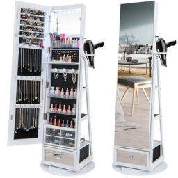 Costway Floor Standing Swivel Jewelry Cabinet Lockable Jewelry Armoire W/ Full-Length Mirror &lights