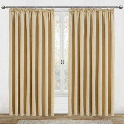Aspire Homeware Cream Plain Blackout Curtains Room Darkening Pencil Pleat Curtain Pair (W) 228Cm X (D)183Cm With Tie Back Pair