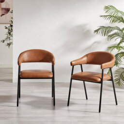 Furniturebox Uk 2X Delos Tan Faux Leather Fabric Dining Chairs - thumbnail 2