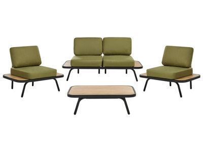 Wyld And Coco Outdoor 4-Piece Olive Green Acacia Wood And Aluminium Frame Set With Cushions - Bench, 2 Chairs, Coffee Table - image 1