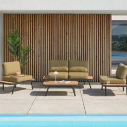 Wyld And Coco Outdoor 4-Piece Olive Green Acacia Wood And Aluminium Frame Set With Cushions - Bench, 2 Chairs, Coffee Table - thumbnail 2