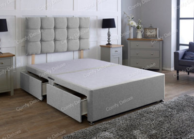 Comfy Deluxe 6Ft Silver Linen  Superking Divan Bed Base With Headboard 4 Drawers