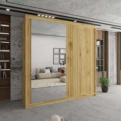 Sliding Wardrobes 4 u LTD Modern Grooved Sliding Mirror Wardrobe With Led Light Oak/oak 150Cm - image 1