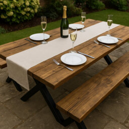 Nook Outdoor Dining Table (140X88 Table) And 1 Bench Black Metal Cross Legs Outdoor Set - thumbnail 4