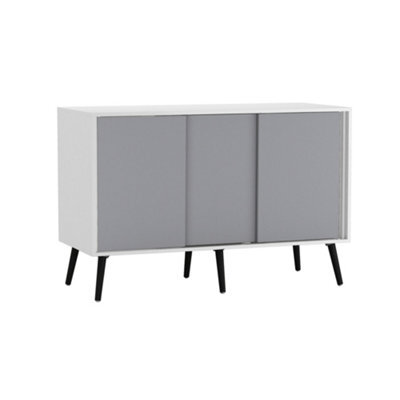 Urbn-Living Urbnliving 3-Door Sliding Cabinet Sideboard White Carcass With Grey Doors Storage Organiser Home Cupboard Black Wooden Legs - image 1