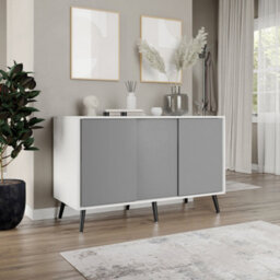 Urbn-Living Urbnliving 3-Door Sliding Cabinet Sideboard White Carcass With Grey Doors Storage Organiser Home Cupboard Black Wooden Legs - thumbnail 3