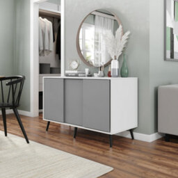 Urbn-Living Urbnliving 3-Door Sliding Cabinet Sideboard White Carcass With Grey Doors Storage Organiser Home Cupboard Black Wooden Legs - thumbnail 2