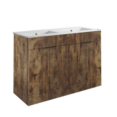 Homestylestore 1210mm Dark Oak Floorstanding Bathroom Vanity Unit Double Basin And Aged Gold Finger Pull Handle - image 1