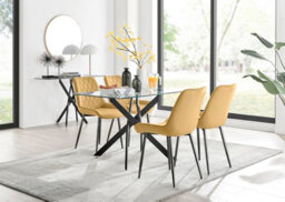 Furniturebox Leonardo 4 Seater Rectangular Glass Dining Table With Silver Metal Legs & 4 Mustard Pesaro Velvet Black Leg Chairs