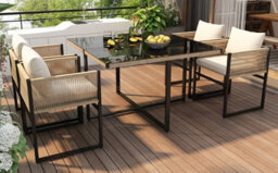 Btm 5-Piece Garden Dining Set, Rope & Iron, 5mm Glass Table, 4 Stackable Chairs - thumbnail 6