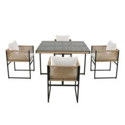 Btm 5-Piece Garden Dining Set, Rope & Iron, 5mm Glass Table, 4 Stackable Chairs - thumbnail 8