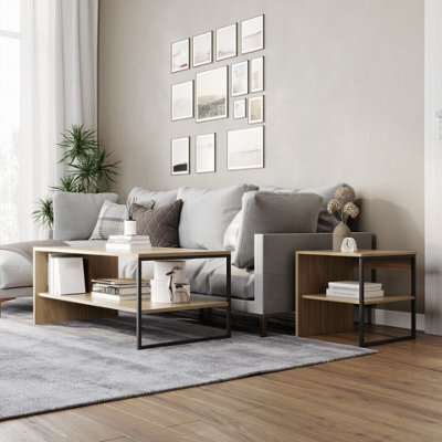 Urbn-Living Urbnliving 100Cm Width Oak Steel Frame Wooden Coffee Table & 2 X 40Cm Sofa Side End Open Storage Unit - image 1
