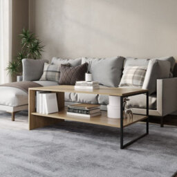 Urbn-Living Urbnliving 100Cm Width Oak Steel Frame Wooden Coffee Table & 2 X 40Cm Sofa Side End Open Storage Unit - thumbnail 3