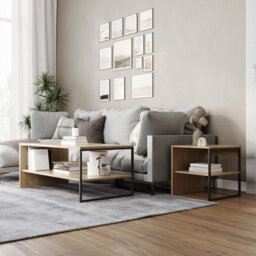 Urbn-Living Urbnliving 100Cm Width Oak Steel Frame Wooden Coffee Table & 2 X 40Cm Sofa Side End Open Storage Unit - thumbnail 1
