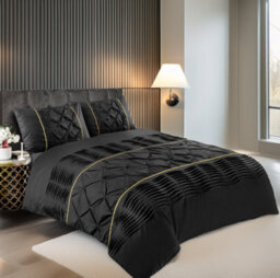 Duvet Cover And Pillowcase Set Pintuck Pleated Design Polycotton Linen Black