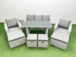 Fimous 9 Seater Patio Garden Furniture Sets With Black Glass Top Dining Table Love Sofa Side Table 4 Stools Light Grey