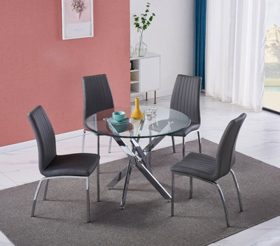 Furnizone UK Rolex 4-Seater 100Cm Round Clear Glass Dining Table And 4 Modalux Grey Chairs Faux Leather Chairs - image 1