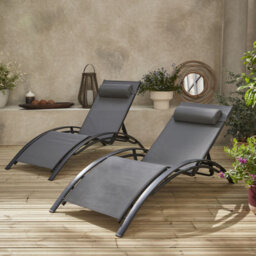 Sweeek. Pair Of Aluminium And Textilene Sun Loungers 4 Reclining Positions Louisa Anthracite 167X64X82 Cm - thumbnail 1