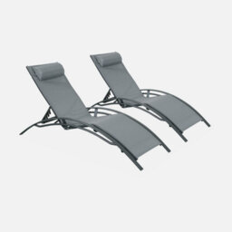Sweeek. Pair Of Aluminium And Textilene Sun Loungers 4 Reclining Positions Louisa Anthracite 167X64X82 Cm - thumbnail 4