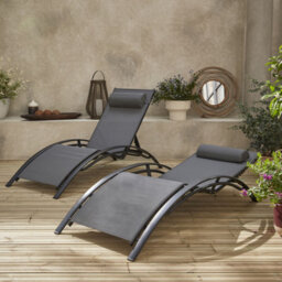 Sweeek. Pair Of Aluminium And Textilene Sun Loungers 4 Reclining Positions Louisa Anthracite 167X64X82 Cm - thumbnail 2
