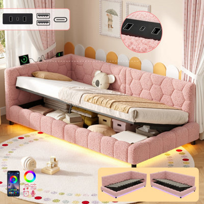 Matteo 3Ft Single Boucle Side Hydraulic Ottoman Storage Bed With Rgb Led & Usb Charging - Pink - image 1