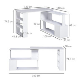 Homcom Corner Computer Desk With Rotating Design And Bookshelf, White - thumbnail 3