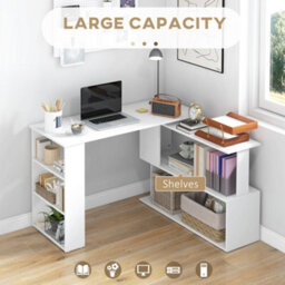 Homcom Corner Computer Desk With Rotating Design And Bookshelf, White - thumbnail 4
