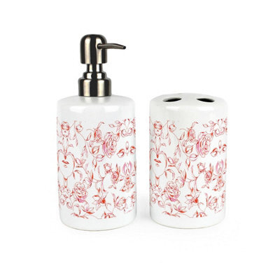 Purely Home Red Roses Bathroom Set - Refillable Ceramic Soap Dispenser & Toothbrush Holder - image 1