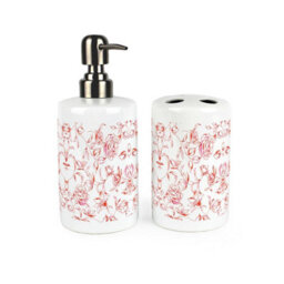 Purely Home Red Roses Bathroom Set - Refillable Ceramic Soap Dispenser & Toothbrush Holder - thumbnail 1