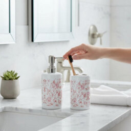Purely Home Red Roses Bathroom Set - Refillable Ceramic Soap Dispenser & Toothbrush Holder - thumbnail 2