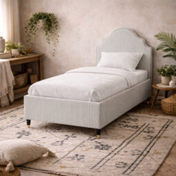 Wyld Haus Monterey Grey Thin Stripe Single Bed - Linen-Blend Upholstered Frame With Brass Cap Legs And Sprung Slats