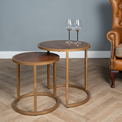 Elm Home And Garden Round Nest Of Two Tables Solid Mango Wood Gold Metal End Side 58Cm X 55Cm X 55Cm Fully Assembled - image 1