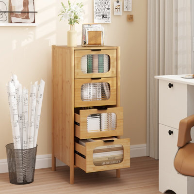 Gainoom 4-Drawer Dresser Bamboo Storage Cabinet W/ Fluted Tempered Glass Drawers - image 1