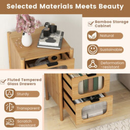 Gainoom 4-Drawer Dresser Bamboo Storage Cabinet W/ Fluted Tempered Glass Drawers - thumbnail 6