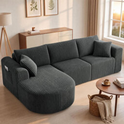 Luckracer Boneless Corner Sofa Couch Cloud Modular Sectional Sofa L Shaped Memory Foam Corduroy 245Cm, Right Facing Chaise Grey