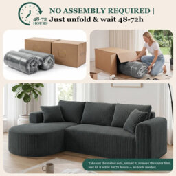 Luckracer Boneless Corner Sofa Couch Cloud Modular Sectional Sofa L Shaped Memory Foam Corduroy 245Cm, Right Facing Chaise Grey - thumbnail 6