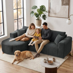 Luckracer Boneless Corner Sofa Couch Cloud Modular Sectional Sofa L Shaped Memory Foam Corduroy 245Cm, Right Facing Chaise Grey - thumbnail 2