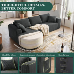 Luckracer Boneless Corner Sofa Couch Cloud Modular Sectional Sofa L Shaped Memory Foam Corduroy 245Cm, Right Facing Chaise Grey - thumbnail 3
