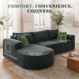 Luckracer Boneless Corner Sofa Couch Cloud Modular Sectional Sofa L Shaped Memory Foam Corduroy 245Cm, Right Facing Chaise Grey - thumbnail 8